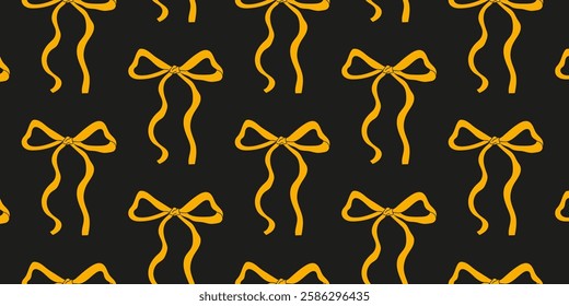 Repeating pattern of yellow bows on a dark background for decorative use in crafts and design projects