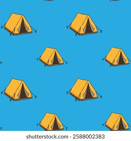 A repeating pattern of yellow camping tents set against a blue background. Each tent is depicted in a simple, illustrative style, shown from a front angle with an open entrance.