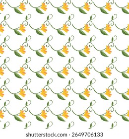 Repeating pattern with yellow floral motifs and green leaves, arranged elegantly on a white backdrop. Useful for textiles, wallpapers, or digital design projects, adding a cheerful, natural aesthetic.