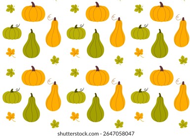 Repeating pattern of yellow and green pumpkins with fall leaves, ideal for thanksgiving decoration and seasonal designs