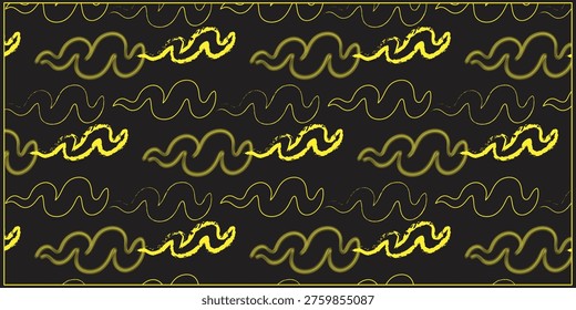 A repeating pattern of yellow squiggly lines on a black background, forming a mesmerizing and dynamic visual effect.