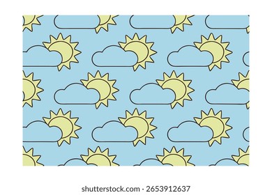 Padrão repetitivo amarelo sóis nuvens azuis em um azul claro com contornos de tempo