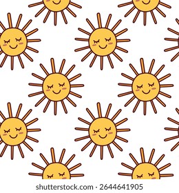 Repeating pattern with yellow suns featuring closed eyes and calm expressions, long hand-drawn rays in peaceful style