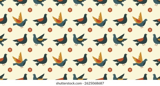 Pombo repetitivo e padrão de flor em fundo claro. Ilustração de pássaro de estilo plano com elementos florais. Fundo de vetor sem emenda com pássaros e flores