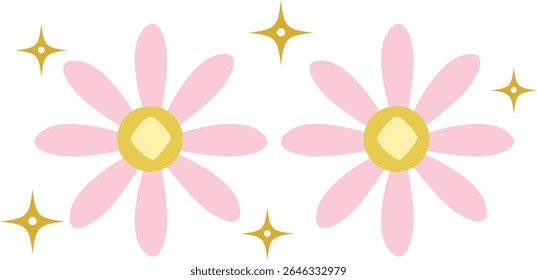  Repeating pink floral pattern with symmetrical petals and sparkling gold stars, ideal for decorative Islamic backgrounds, cards, or textiles.