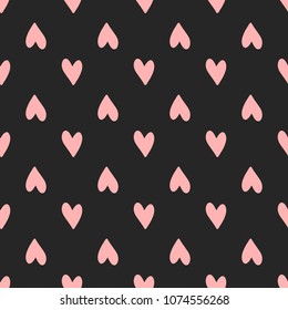 Repeating Pink Hearts On Black Background. Cute Seamless Pattern. Girly Endless Print. Romantic Vector Illustration.