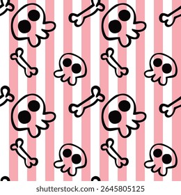 Repeating pink seamless background with hand-drawn skull and bone motifs over vertical stripes. Fun and edgy design for fashion, fabric, accessories, or punk-themed decor