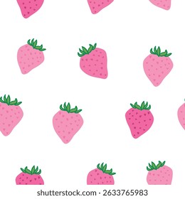 Repeating pink strawberry pattern for kids products, cute fruit seamless vector background for fabric and paper.
