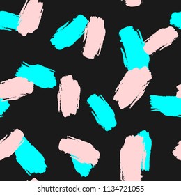 Repeating pink and turquoise brush strokes on black background. Trend seamless pattern. Grunge, sketch, watercolor, paint. Vector illustration.