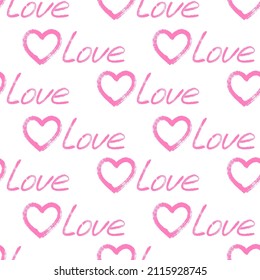 Repeating pink white hearts and handwritten word love vector seamless pattern. Romantic ornament for girl dress fabric print. Endless girlish pattern with heart love word calligraphy.Cute illustration