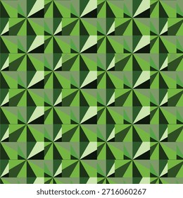 Grade repetitiva de cata-vento de triângulos verde-escuros com quadrados azuis espalhados, criando simetria geométrica e contraste.
