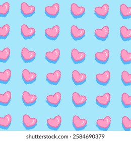A repeating pixel art design featuring pink hearts on a bright blue background, evoking feelings of love, nostalgia, and creativity.