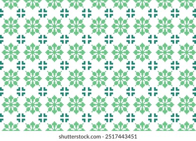 A repeating pixelated floral pattern in green shades. The retro design evokes a sense of digital artistry and nature combined, ideal for backgrounds, textiles, or creative designs with a modern twist.