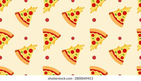 Repeating pizza slices with pepperoni and cheese on a seamless light background for design and decoration.