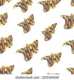 Repeating print with abstract funny shapes on a white square background. Dark blue curved forms in orange pattern. Used for printing on paper, fabric, packaging, wallpaper. Eps10.