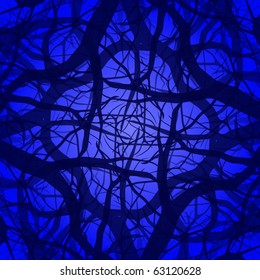 Repeating radial pattern of branches against a night sky