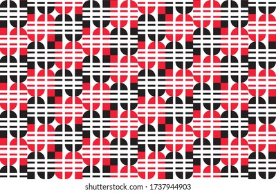 Repeating red and black pattern of curves and squares made from blocks and shapes on a white background