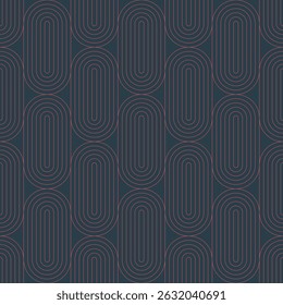 Repeating red capsule-shaped forms in a seamless layout. Continuous thin linear outlines on dark background create a stylish geometric backdrop for modern projects, wallpapers and product visuals