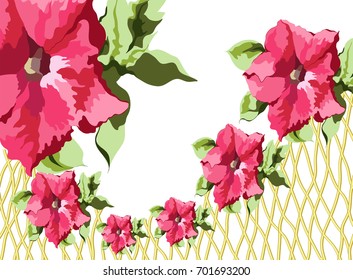 Repeating red flowers and green leaves of petunia in the shape of a frame on the edge of a basket of vines, vector illustration of a colorful bright