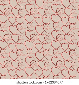 Repeating red hearts and the handwritten word Love. Romantic pink background seamless pattern. Endless girlish print. Cute vector illustration.