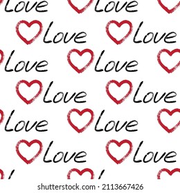 Corazones rojos repetidos y patrón de amor de palabra escrita a mano sin fisuras. Ornamento romántico para la impresión de tela de ropa de chica. Patrón de niñez infinito con corazones y caligrafía de palabras de amor.Ilustración corta