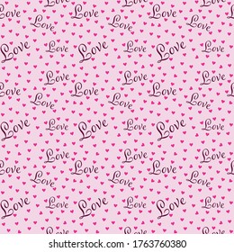 Repeating red hearts and the word Love. Romantic pink background seamless pattern. Endless girlish print. Cute vector illustration.