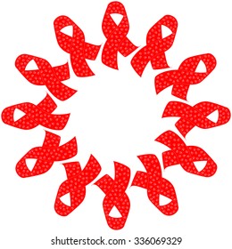 Repeating red ribbons with heart form petals isolated on the white (transparent) background. Circle border frame with space for text. Aids awareness ribbon symbol concept. Vector illustration eps 10 