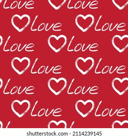 Repeating red white hearts and handwritten word love vector seamless pattern. Romantic ornament for girl dress fabric print. Endless girlish pattern with heart love word calligraphy.Cute illustration