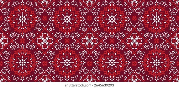 Repetindo Red e Branco Ornamental Floral Bandana Design, belo indiano Rangoli Design, Vermelho paisley bandana impressão com padrões florais e geométricos intrincados. 