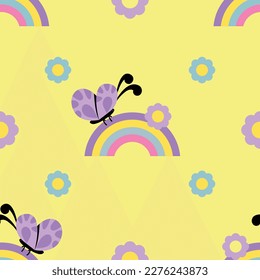 A repeating retro floral pattern with a butterfly and a rainbow on a yellow background. Fashionable background in a flat style.