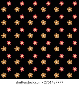 Repeating retro floral pattern featuring small red and tan flowers on a black background. Playful, minimalist design ideal for textiles, wallpaper, packaging, surface design, and spring 