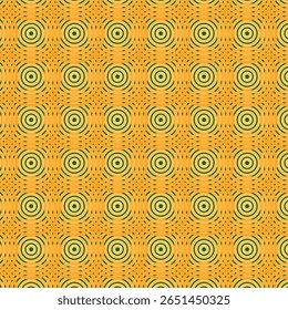 Un motif rétro-inspiré répétitif de cercles concentriques et de lignes ondulées, évoquant des signaux radio vintage et des vibrations psychédéliques en jaune et vert vifs.