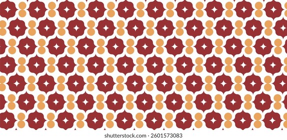 a repeating retro-style pattern featuring bold burgundy and orange shapes arranged in a geometric, floral-like design on a white background.