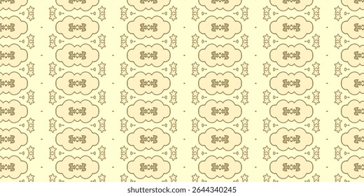 Repeating retro-style pattern of tan clouds and geometric stars on a pale yellow background. Ideal for vintage, cloud, decor, and fabric inspired designs.
