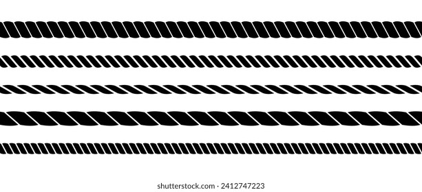 Repeating rope set. Seamless hemp cord lines collection. Black chain, braid, plait stripes bundle. Horizontal decorative plait pattern. Vector marine twine design elements for banner, poster, frame