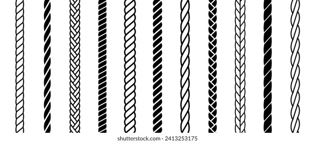 Repeating rope set. Seamless hemp cord line collection. Black chain, braid, plait stripe bundle. Vertical decorative plait pattern. Vector marine twine design elements for banner, poster, frame, decor