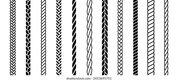 Repeating rope set. Seamless hemp cord line collection. Black chain, braid, plait stripe bundle. Vertical decorative plait pattern pack. Vector marine twine design elements for banner, poster, frame