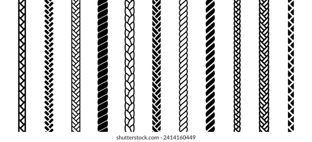 Repeating rope set. Seamless hemp cord line collection. Black chain, braid, plait stripe bundle. Vertical decorative plait pattern pack. Vector marine twine frame design elements for banner, poster