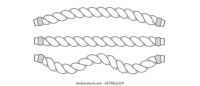 Repeating rope set. Seamless hemp cord line collection. Outline chain, braid, plait stripe bundle. Illustration hand drawn graphic in black on white.
