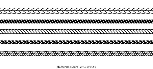 Repeating ropes set. Seamless hemp cord lines collection. Black chain, braid, plait stripes bundle. Horizontal decorative plait pattern. Vector twine design elements for banner, poster, frame