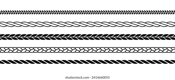 Repeating ropes set. Seamless hemp cord lines collection. Black outline chain, braid, plait stripes bundle. Horizontal decorative plait pattern. Vector twine design elements for banner, poster, frame