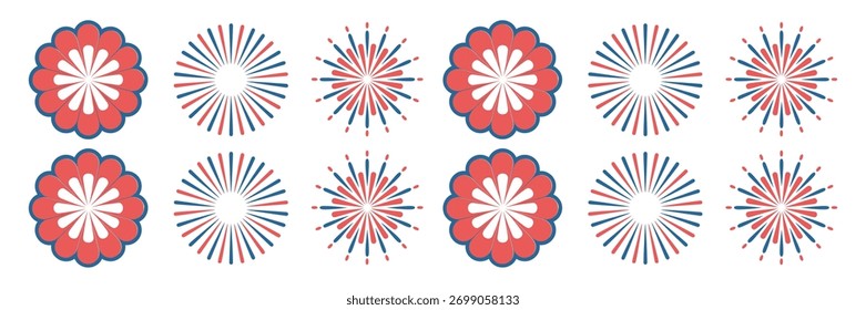 Repeating rosette pattern, red white bursts, seamless festival strip, patriotic confetti effect, celebratory border elements, vector