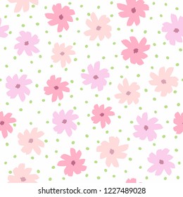 Repetir manchas redondas y flores dibujadas a mano con pincel áspero. Patrón sin costuras floral femenino. Boceto, acuarela, pintura. Blanco, rosa, púrpura, verde. Chica Ilustración vectorial.
