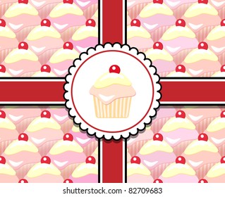 Repeating rows of cupcakes, ribbons and label. Seamless pattern EPS10 vector format.