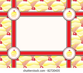 Repeating rows of cupcakes, ribbons and label with space for your image or text. EPS10 vector format