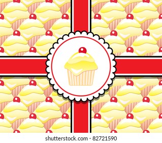 Repeating rows of cupcakes, ribbons and label. EPS10 vector format