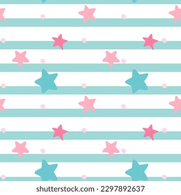 Repeating scattered stars and round dots on a striped background. Printing for printing, T-shirts and textiles. Wrapping paper.