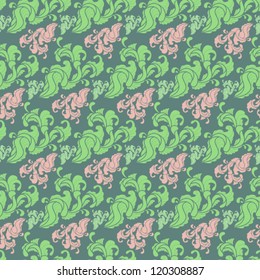 Repeating seamless background with gentle romantic green floral motifs in traditional style