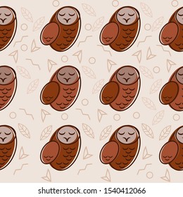 Repeating seamless background. Vector Bird owl abstract design template. Beige and brown. Print or Poster for Kids, Card, Baby dishes, clothes, textile, wrapping paper.