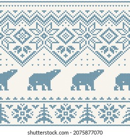 repeating seamless blue and white pattern, vector illustration, imitation of knitted fabric, traditional scandinavian geometric ornament with winter elements - polar bear, spruce, star, snowflake